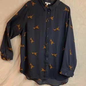 Women's Black Button Down Shirt with Tiger Print